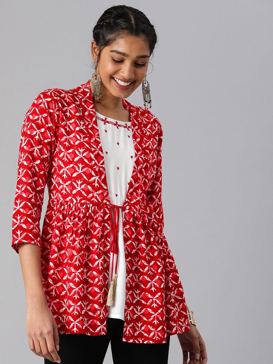 malhaar floral printed waist tie-ups a-line top with attached jacket