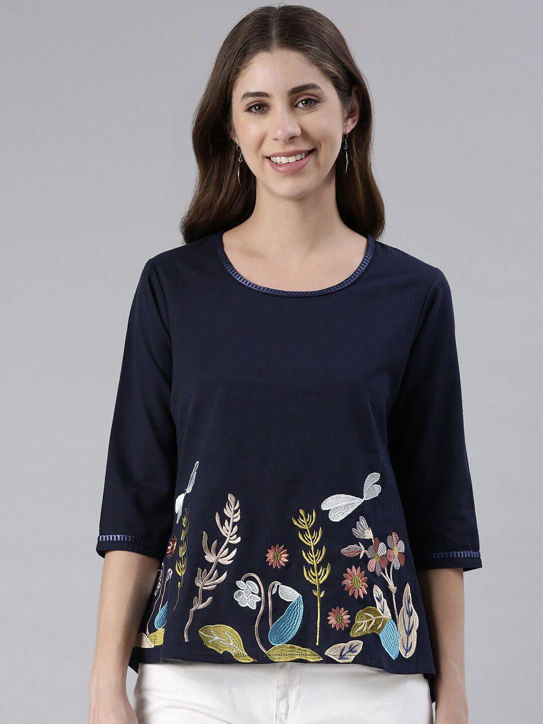 malhaar floral embroidery round neck pure cotton top