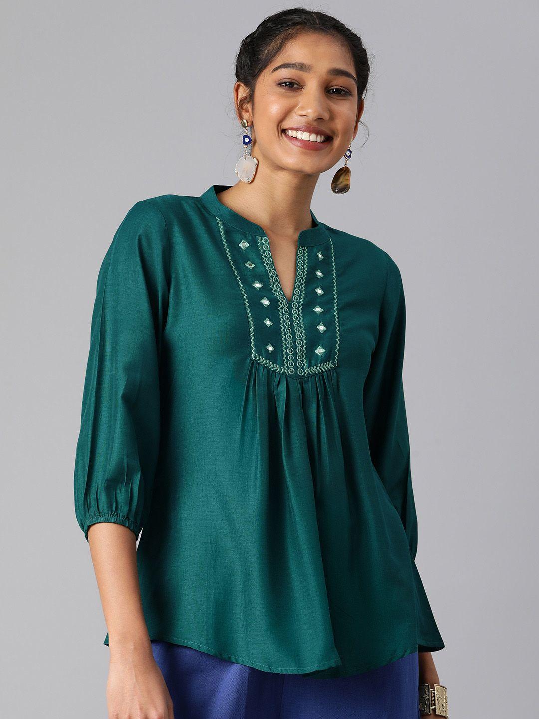 malhaar embroidered mandarin collar regular top