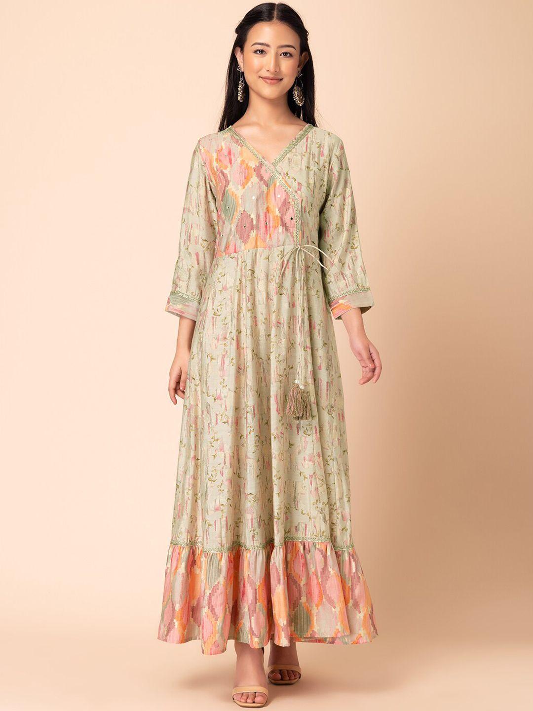 indya floral printed mirror work angrakha kurta