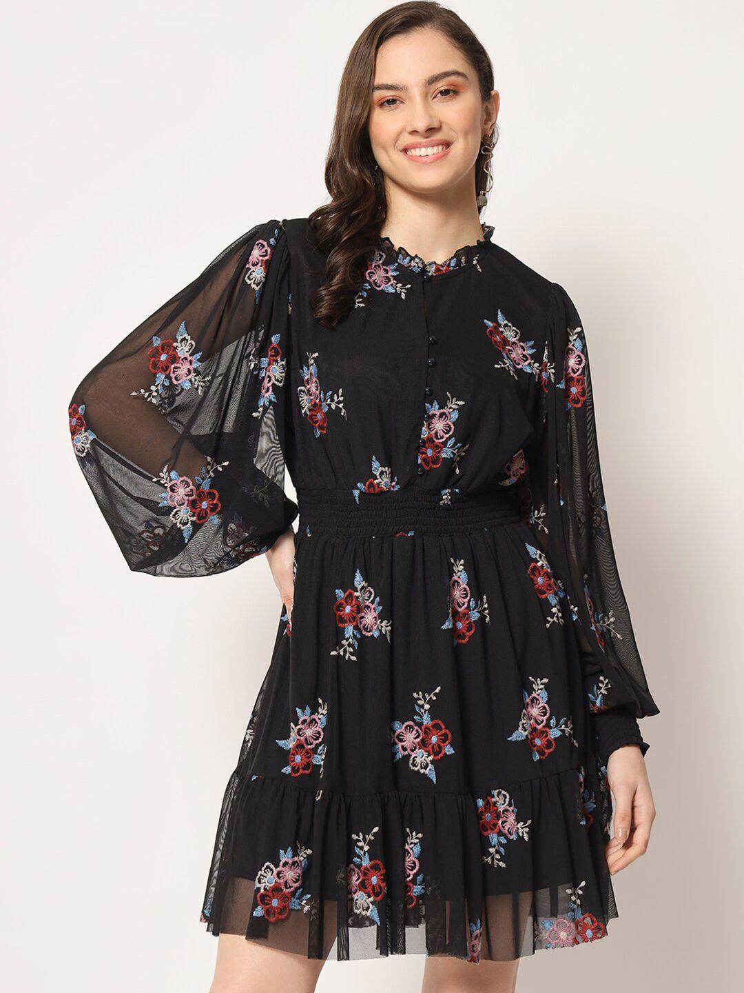 here&now floral printed bishop sleeves fit & flare dress