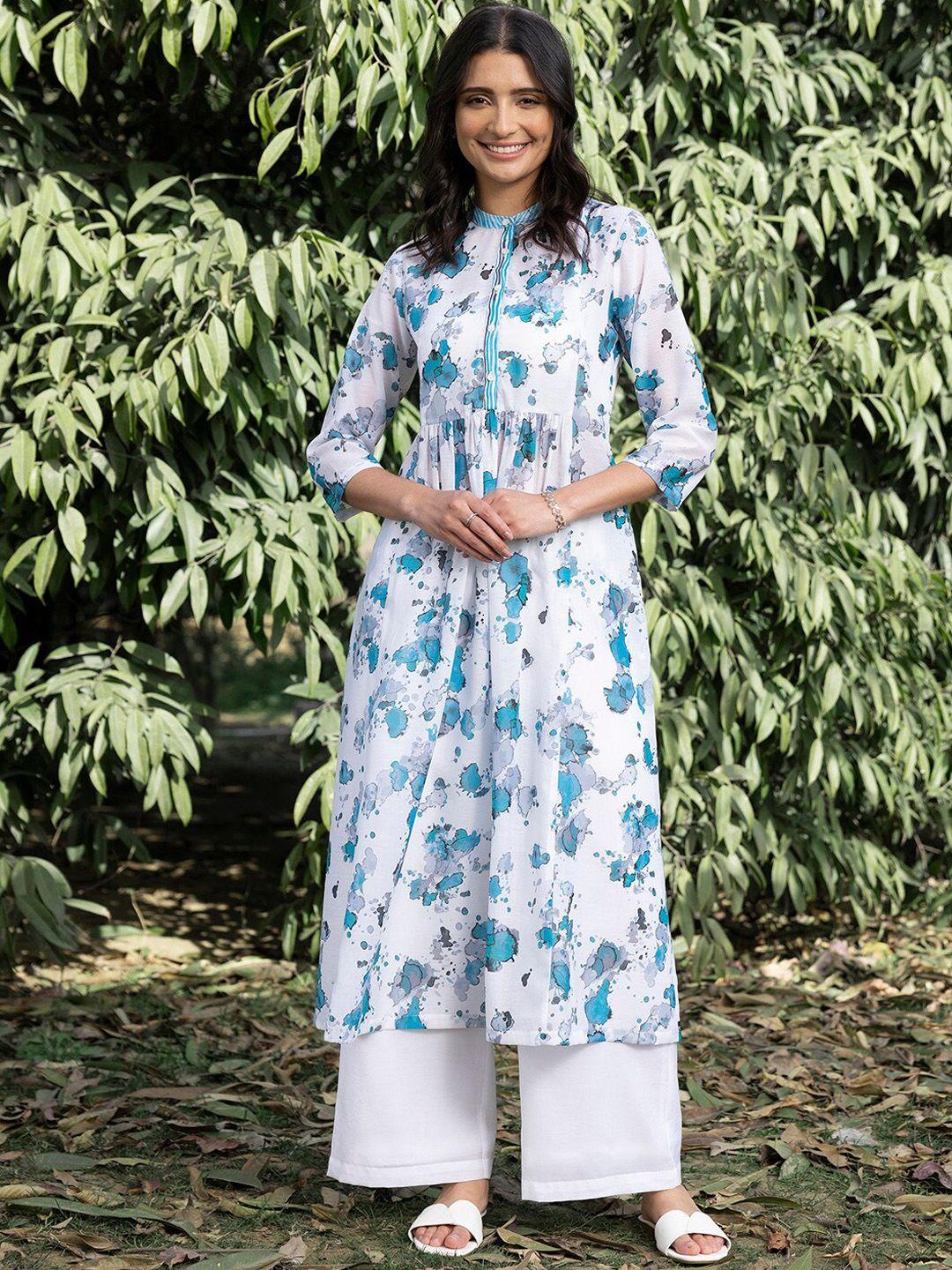 pink fort printed mandarin collar kurta with trousers