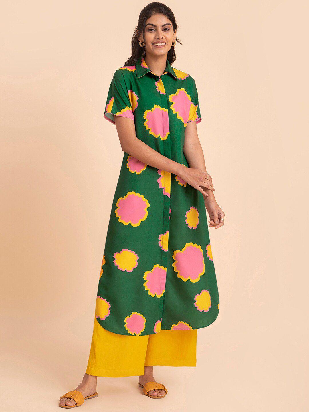 pink fort shirt collar floral printed kurta with palazzos