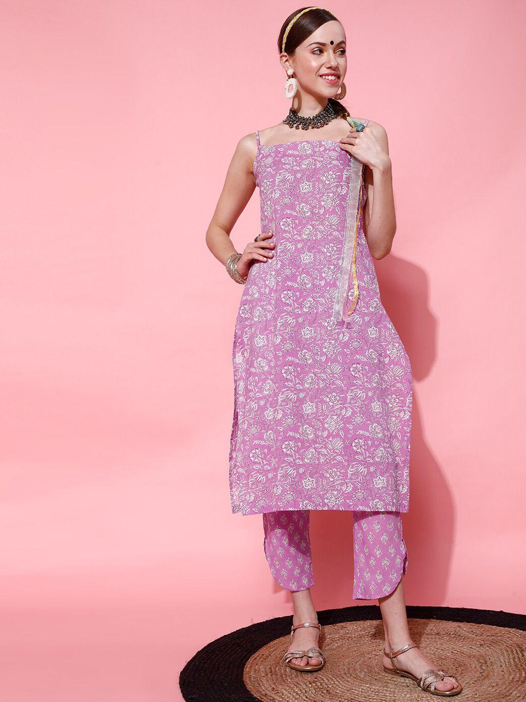 indo street floral printed shoulder straps pure cotton kurta with trousers