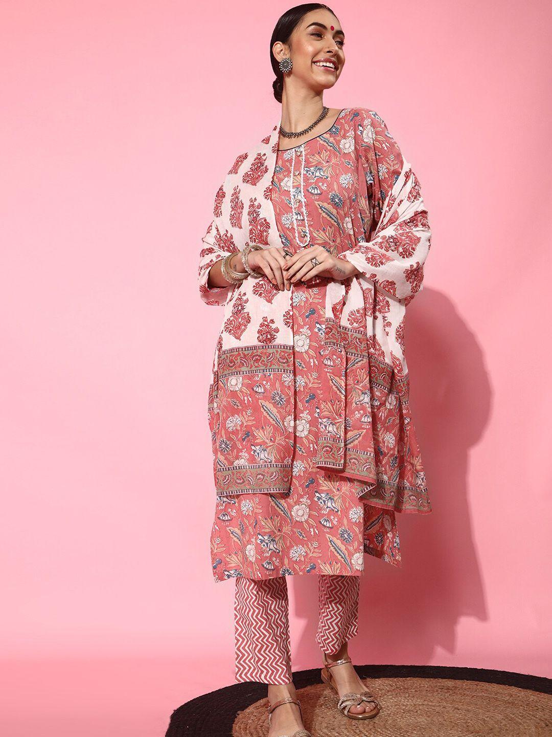 indo street floral printed gotta patti pure cotton kurta with trousers & dupatta