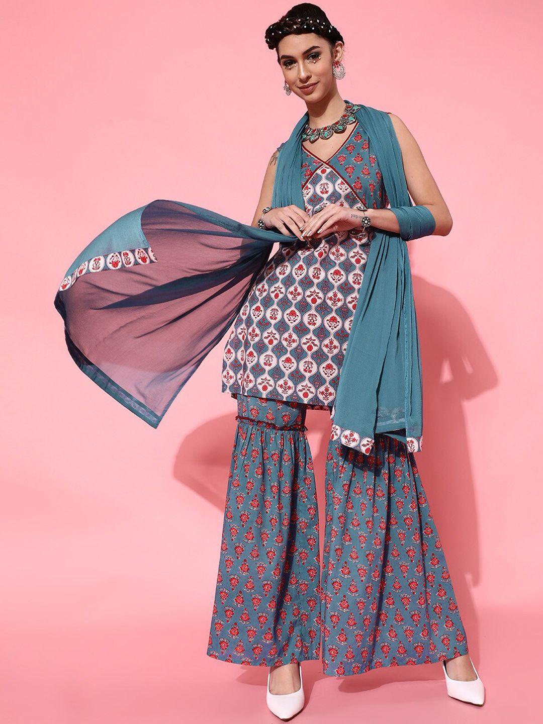 indo street floral printed v-neck pure cotton kurta with sharara with dupatta