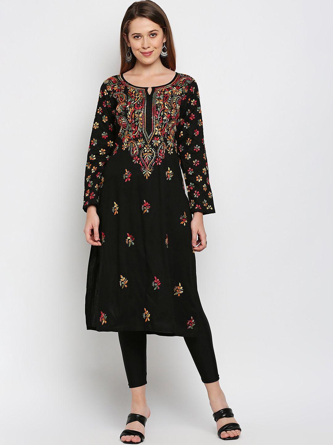 indiankala4u floral embroidered chikankari straight cotton kurta