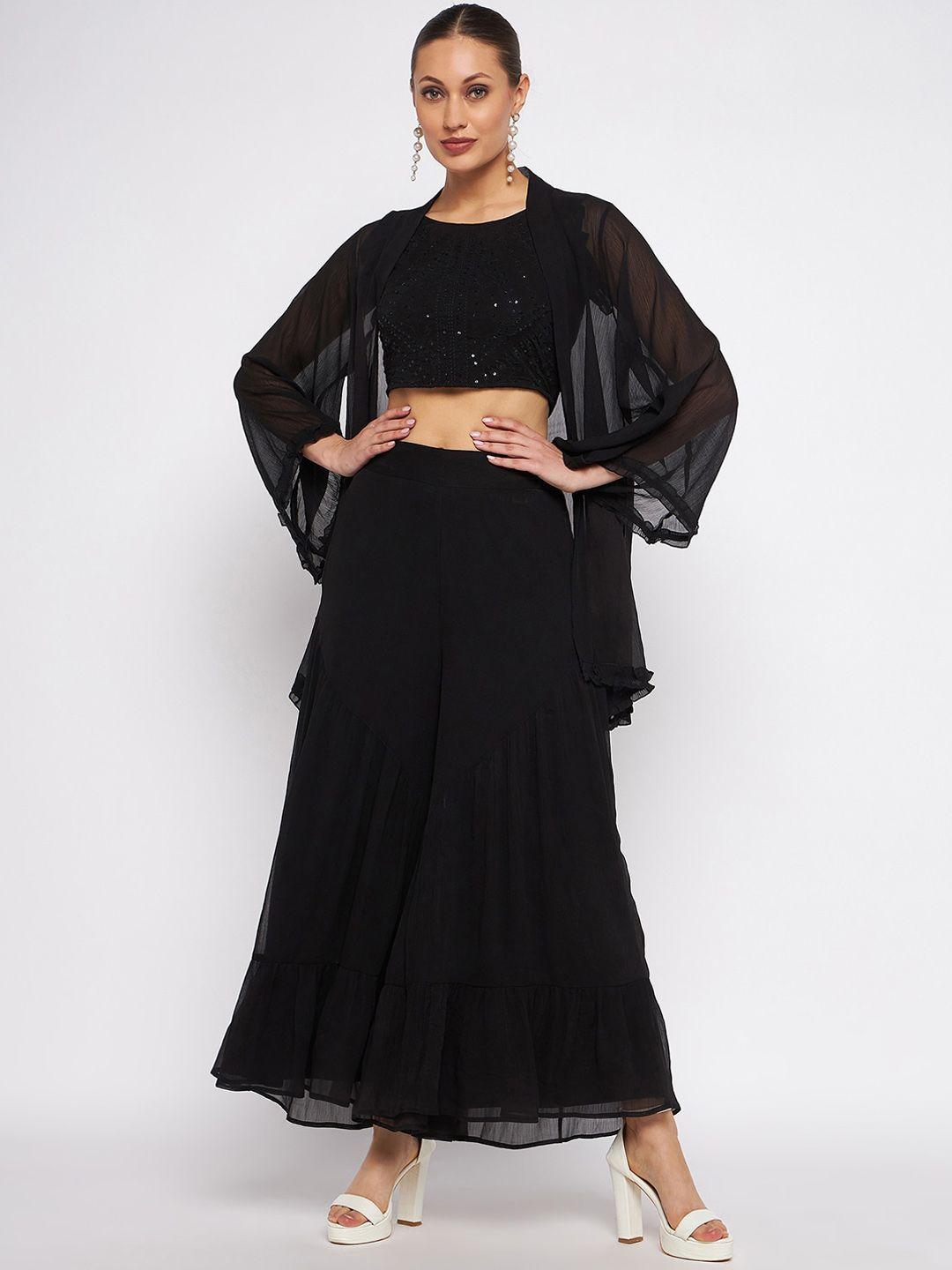 antheaa embellished round neck top with flared palazzos and shrug co-ords