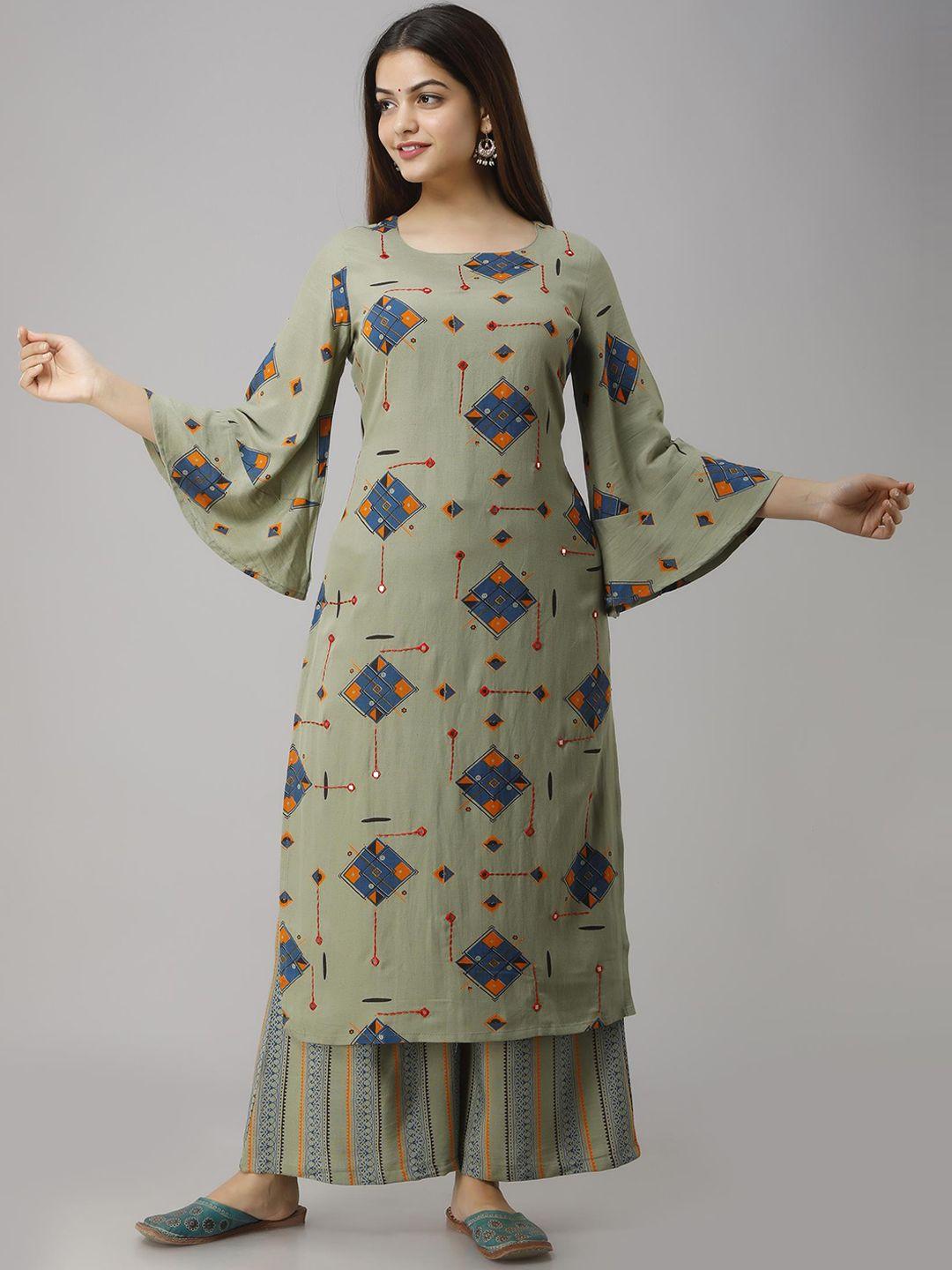 nehamta ethnic motifs printed mirror work kurta with palazzos