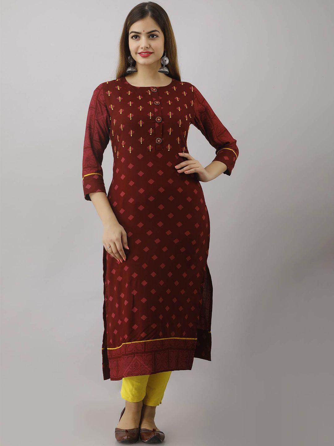 nehamta women maroon geometric flared sleeves thread work kurta