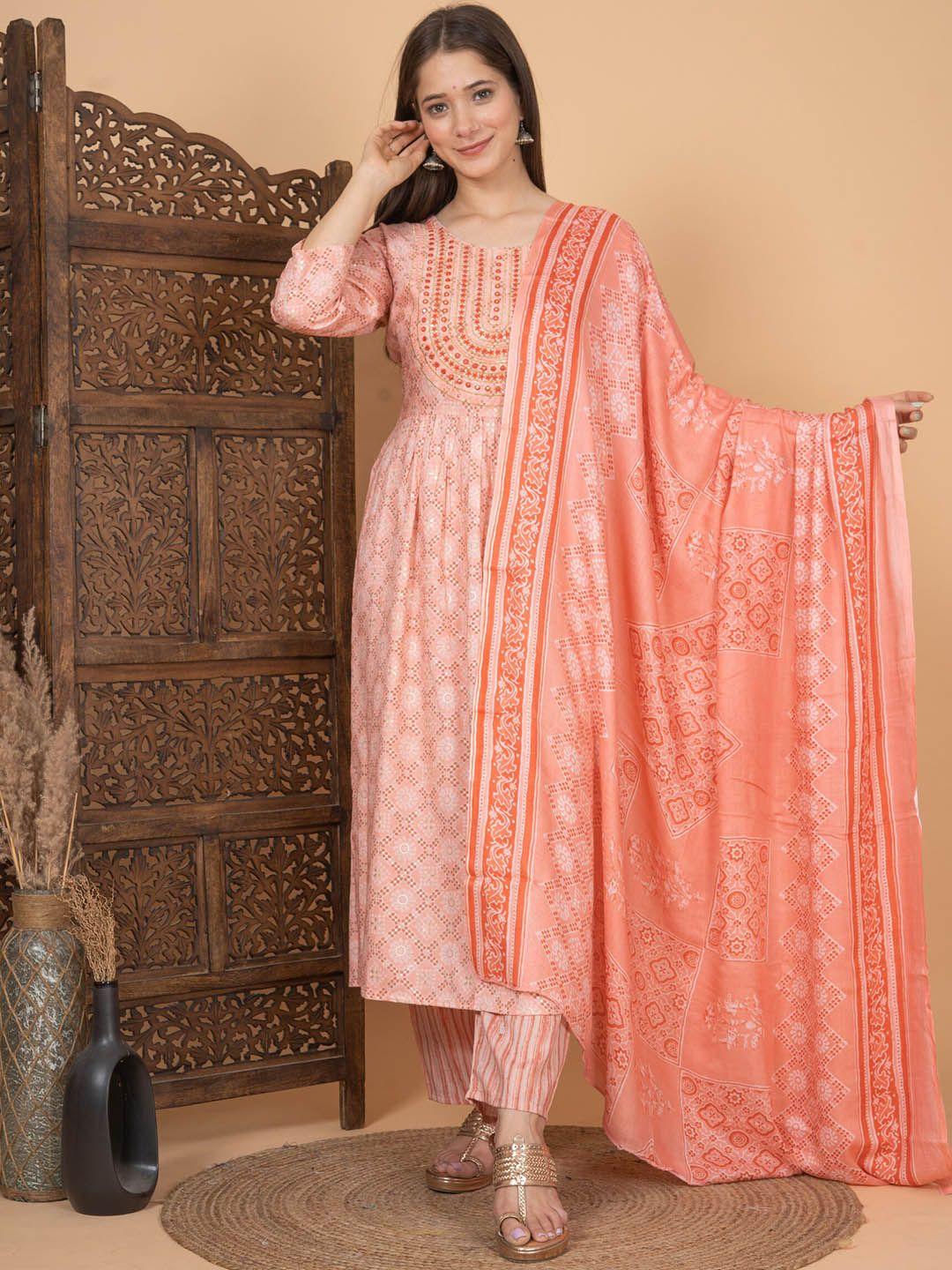 singni ethnic motifs printed thread work a-line kurta with trousers & dupatta