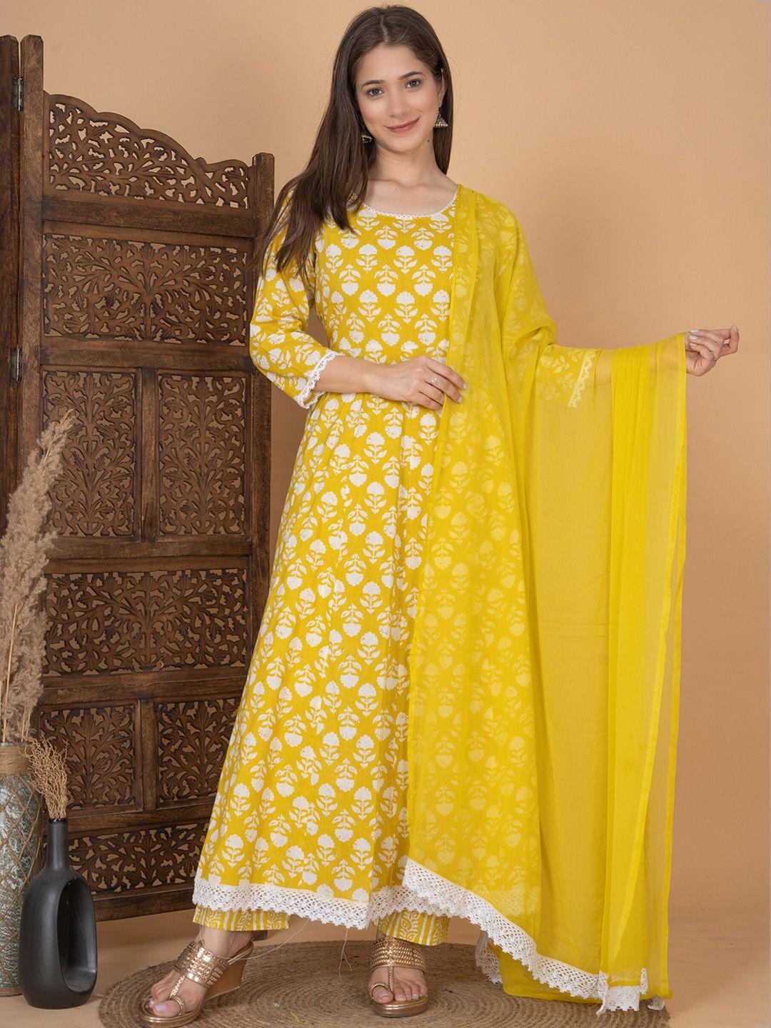 singni paneled ethnic motifs printed anarkali pure cotton kurta with trousers & dupatta