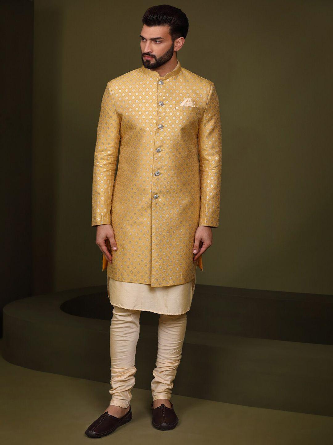 kisah woven design mandarin collar sherwani set