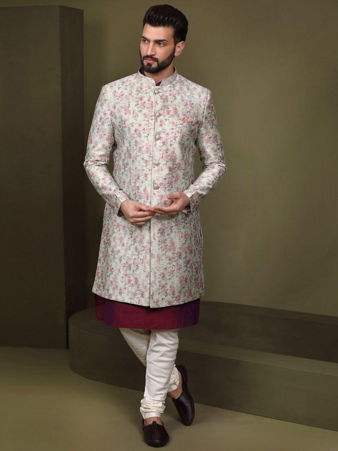 kisah woven design mandarin collar sherwani set