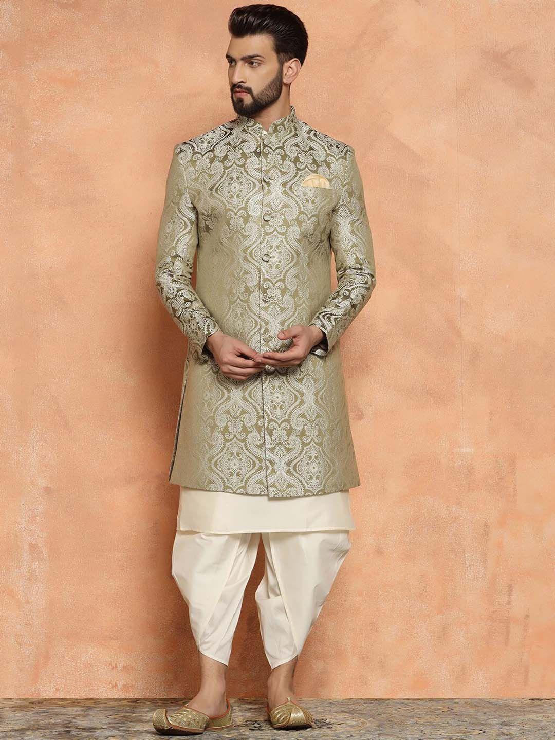 kisah woven design mandarin collar sherwani set