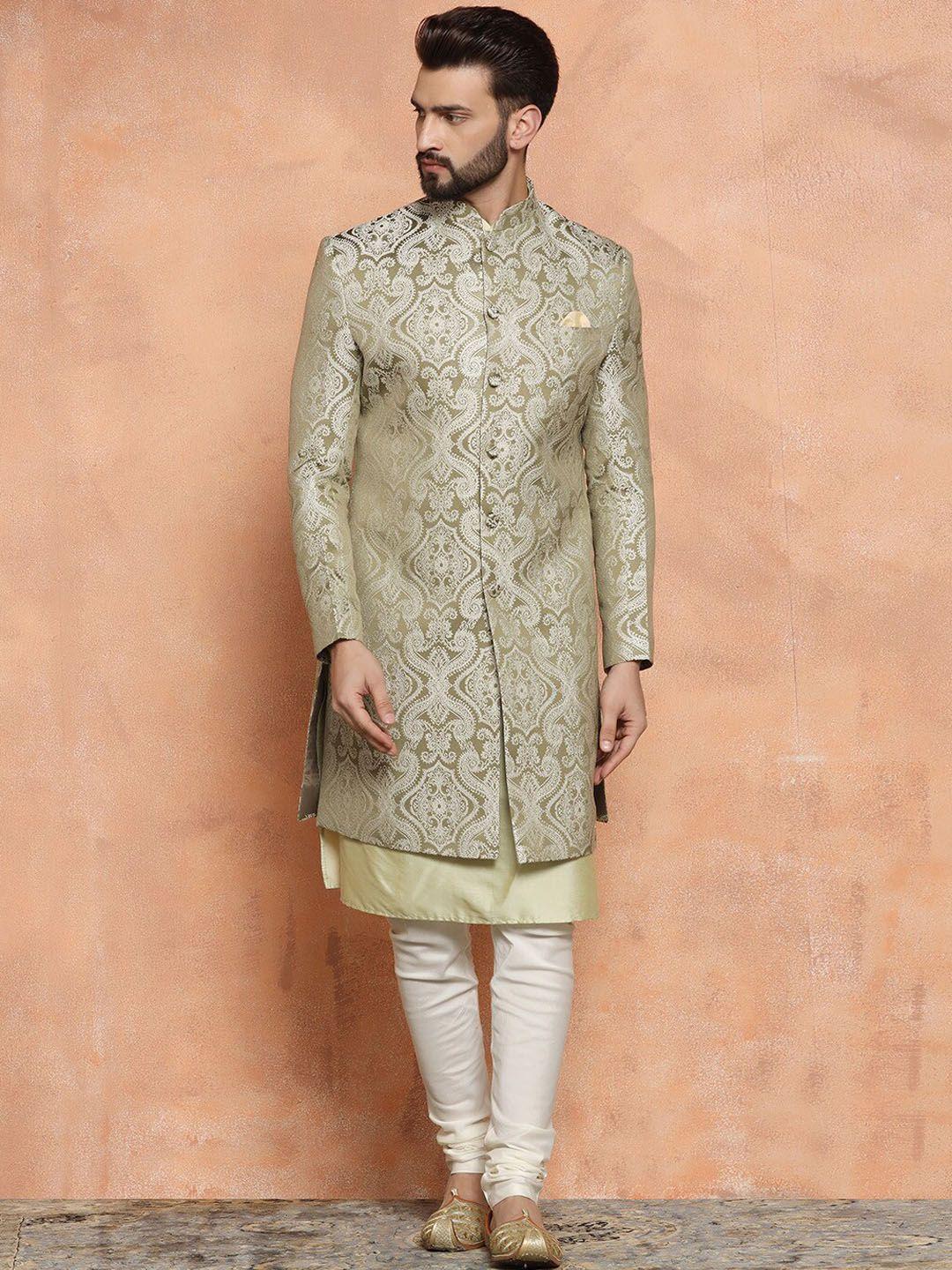 kisah ethnic motifs woven design mandarin collar sherwani set