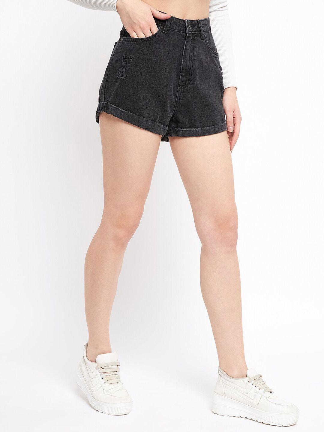 madame women mildly distress mid-rise cotton denim shorts