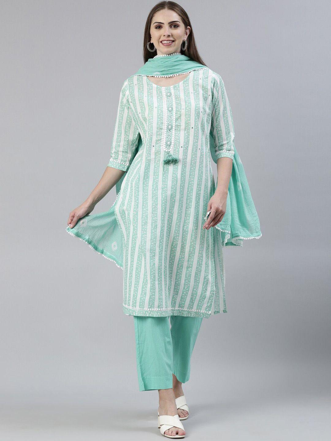 neerus striped thread work pure cotton kurta with trousers & dupatta