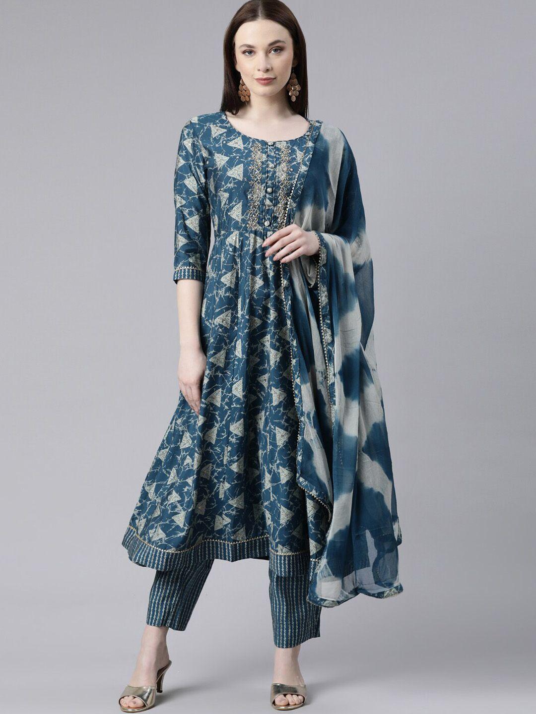 neerus ethnic motifs printed beads and stones anarkali kurta with trousers & dupatta