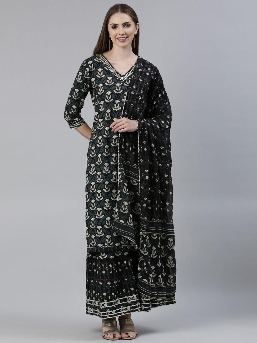 neerus ethnic motifs printed pure cotton kurta with sharara & dupatta