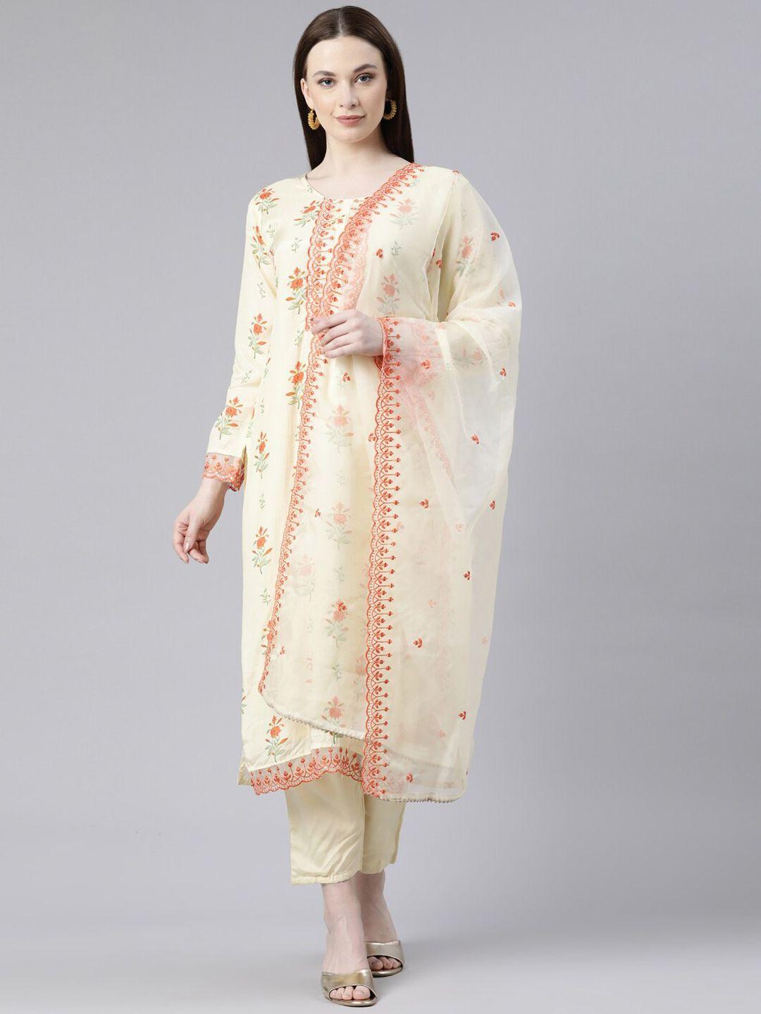 neerus floral printed thread work kurta with palazzos & dupatta