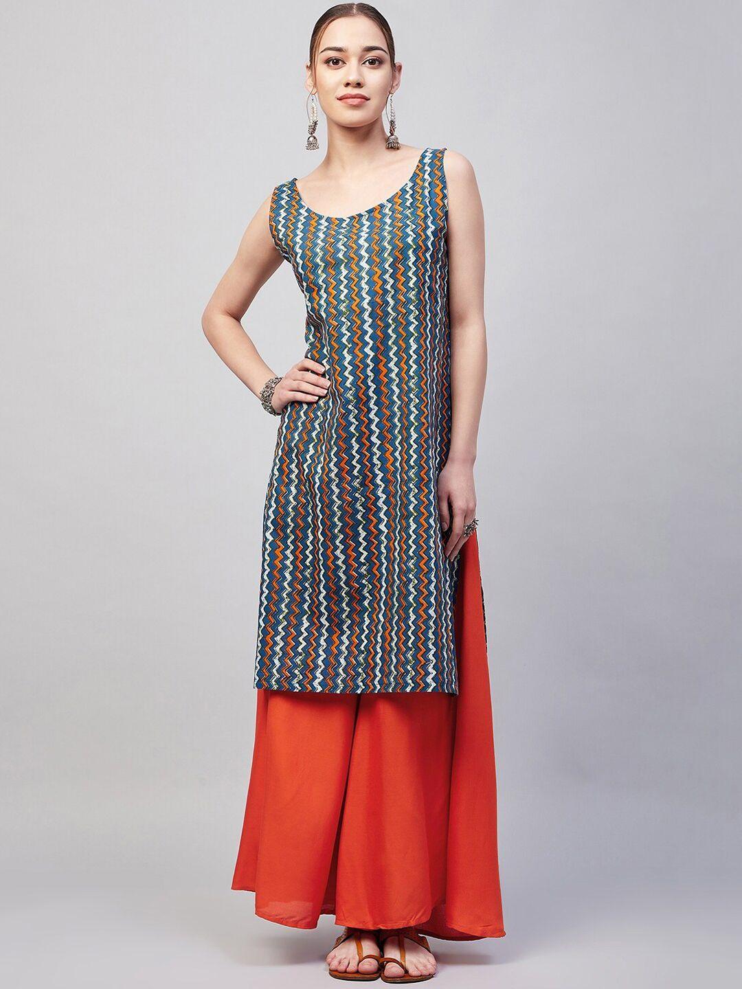 inweave sleeveless chevron printed straight cotton kurta