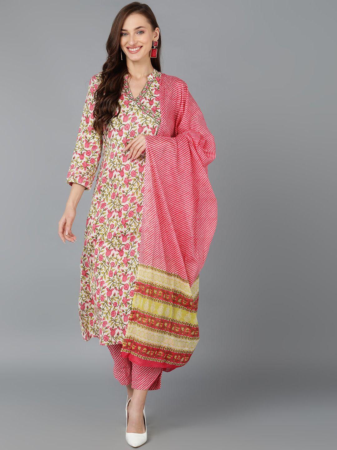 ahika floral printed v neck angrakha pure cotton kurta with trousers & dupatta