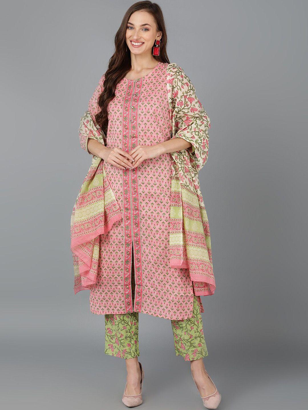 ahika ethnic motif printed keyhole neck pure cotton kurta with trousers & dupatta