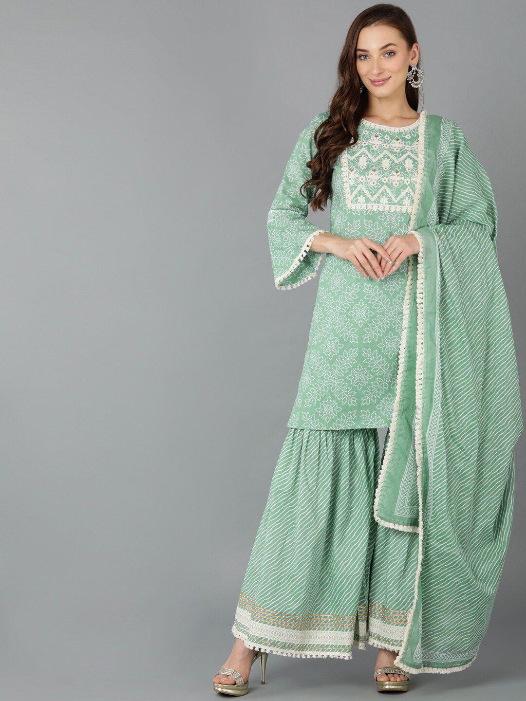 ahika bandhani printed sequinned thread work pure cotton kurta with sharara & dupatta