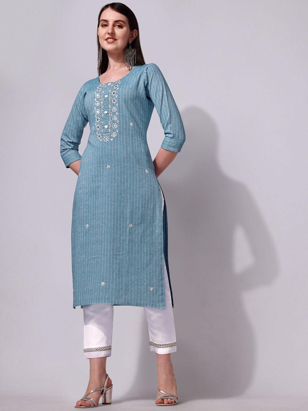 berrylicious straight striped thread work pure cotton kurta with trousers