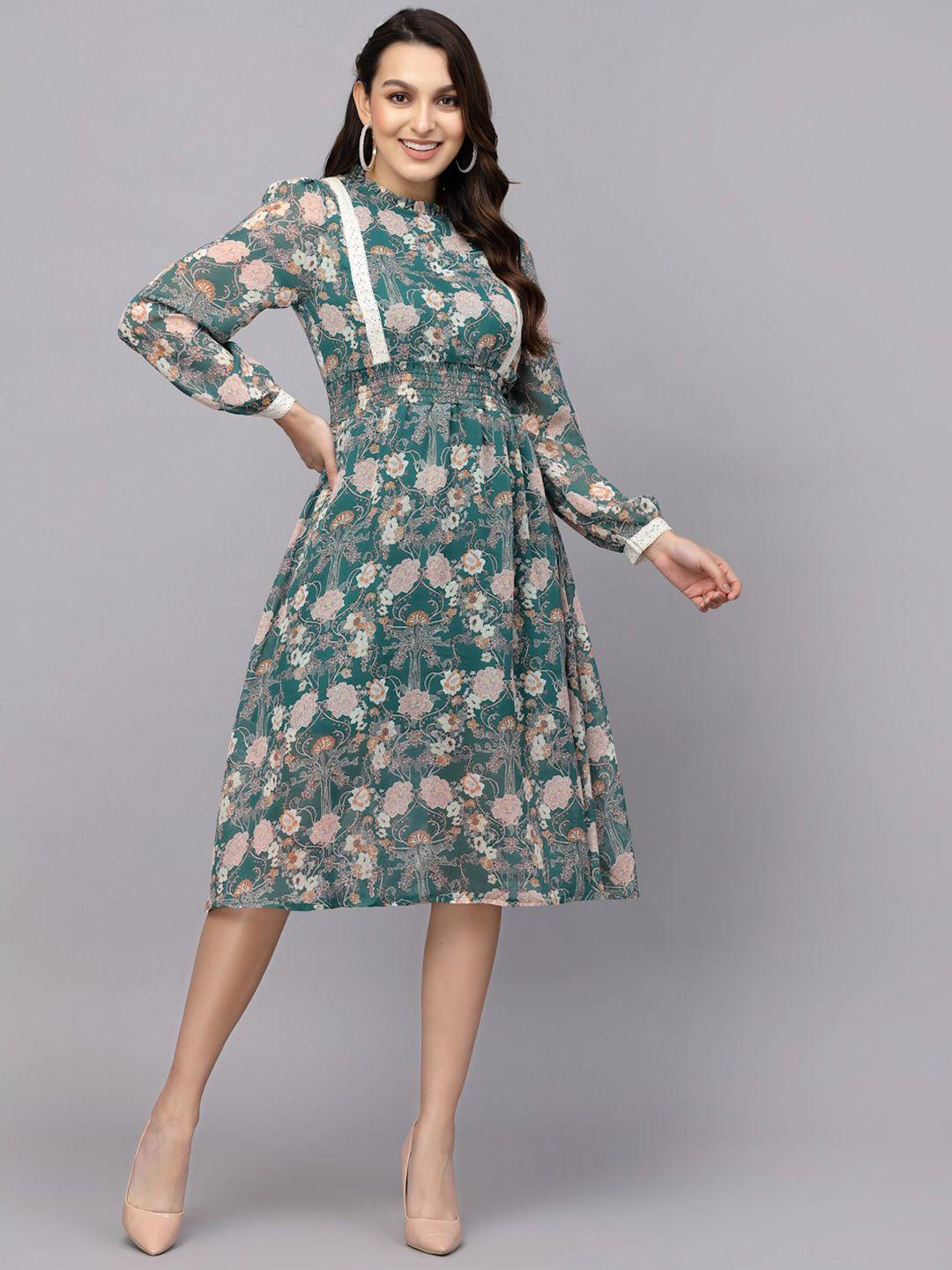 mafadeny floral printed chiffon high neck puff sleeves a-line midi dress