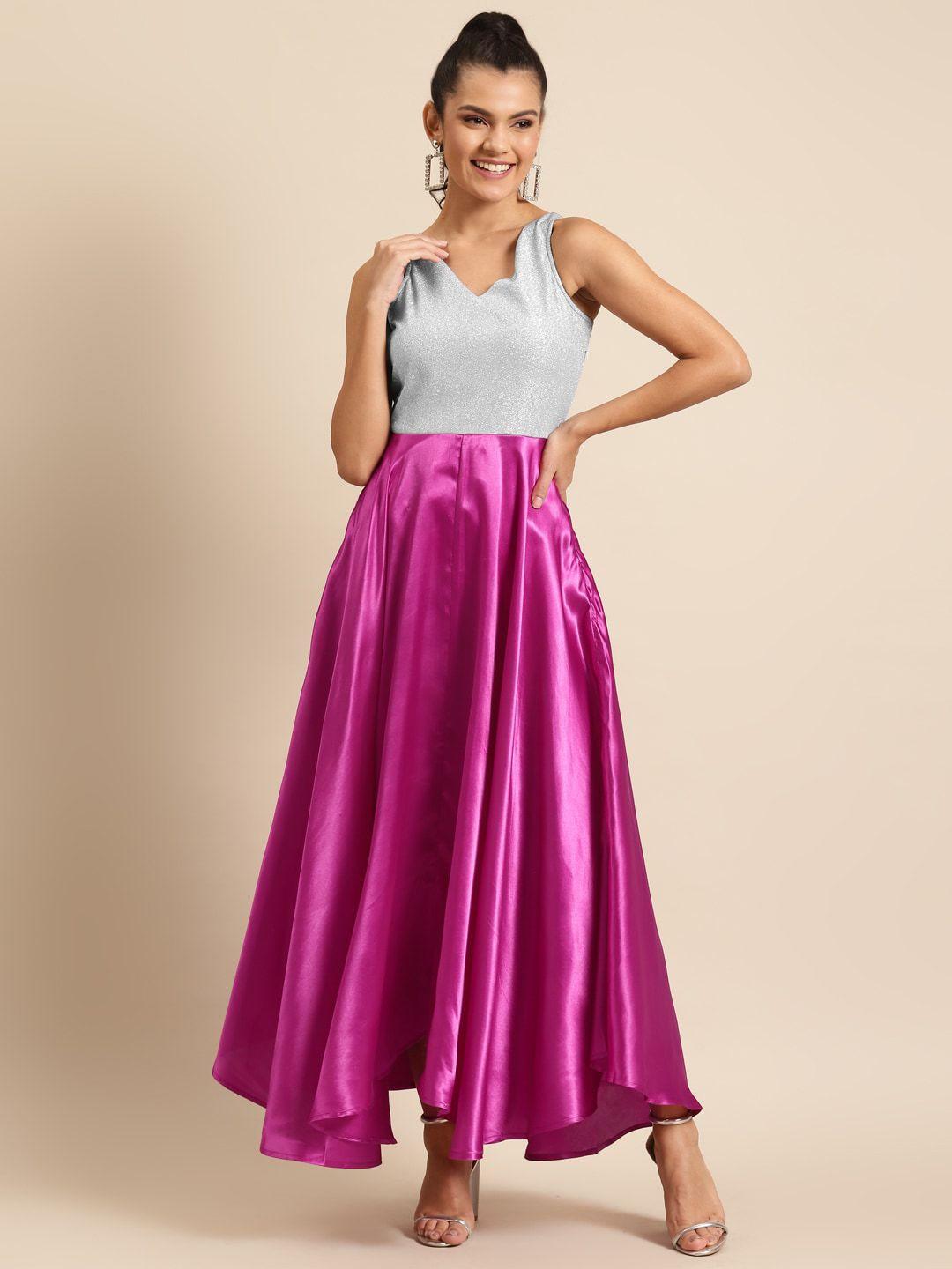 dodo & moa self design colourblocked satin fit & flare maxi dress