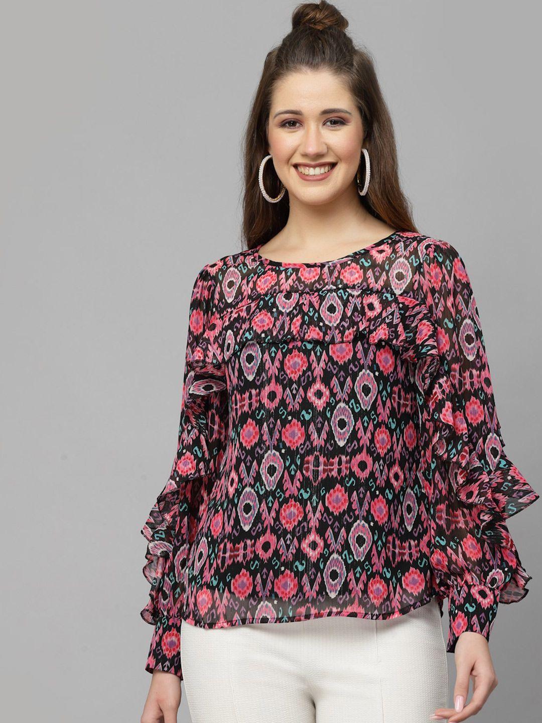 mafadeny ethnic motifs printed ruffled a-line top