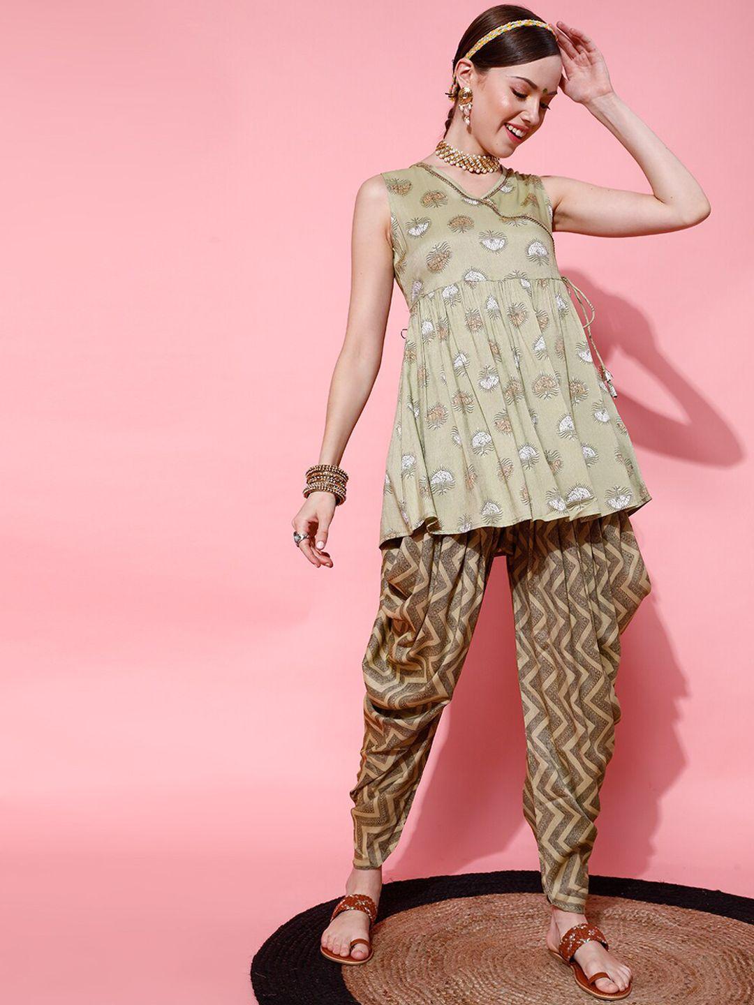 indo street ethnic motifs printed gotta patti angrakha kurti with dhoti pants