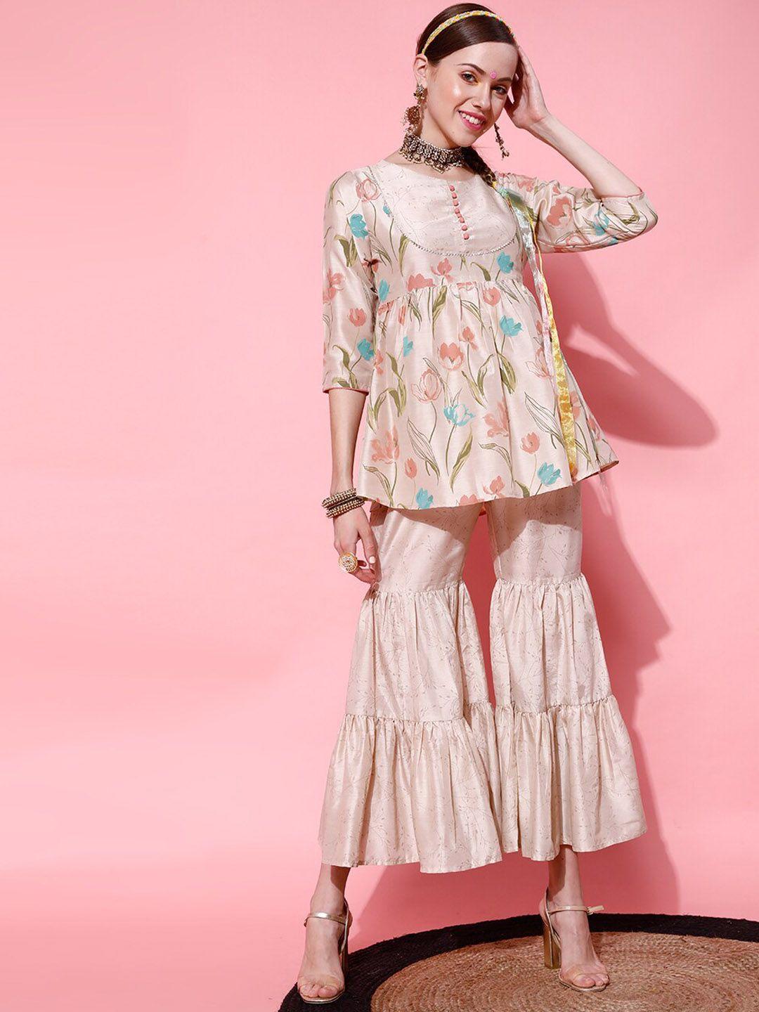 indo street floral printed empire kurti with sharara