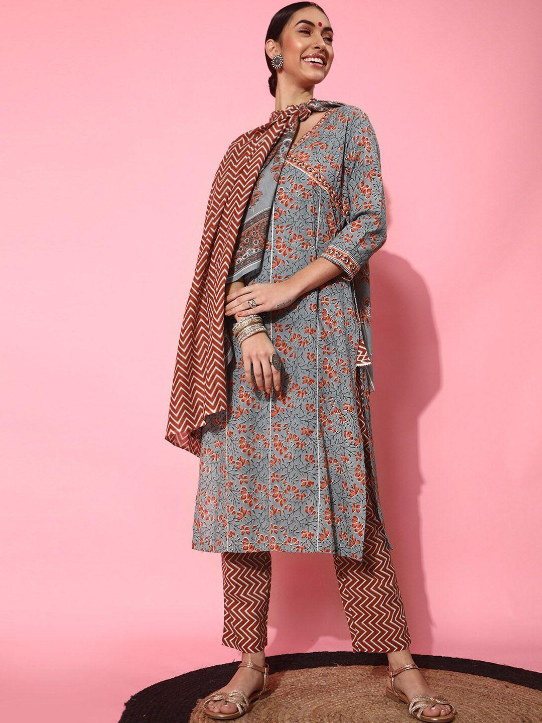 indo street floral printed angrakha pure cotton kurta with trousers & dupatta