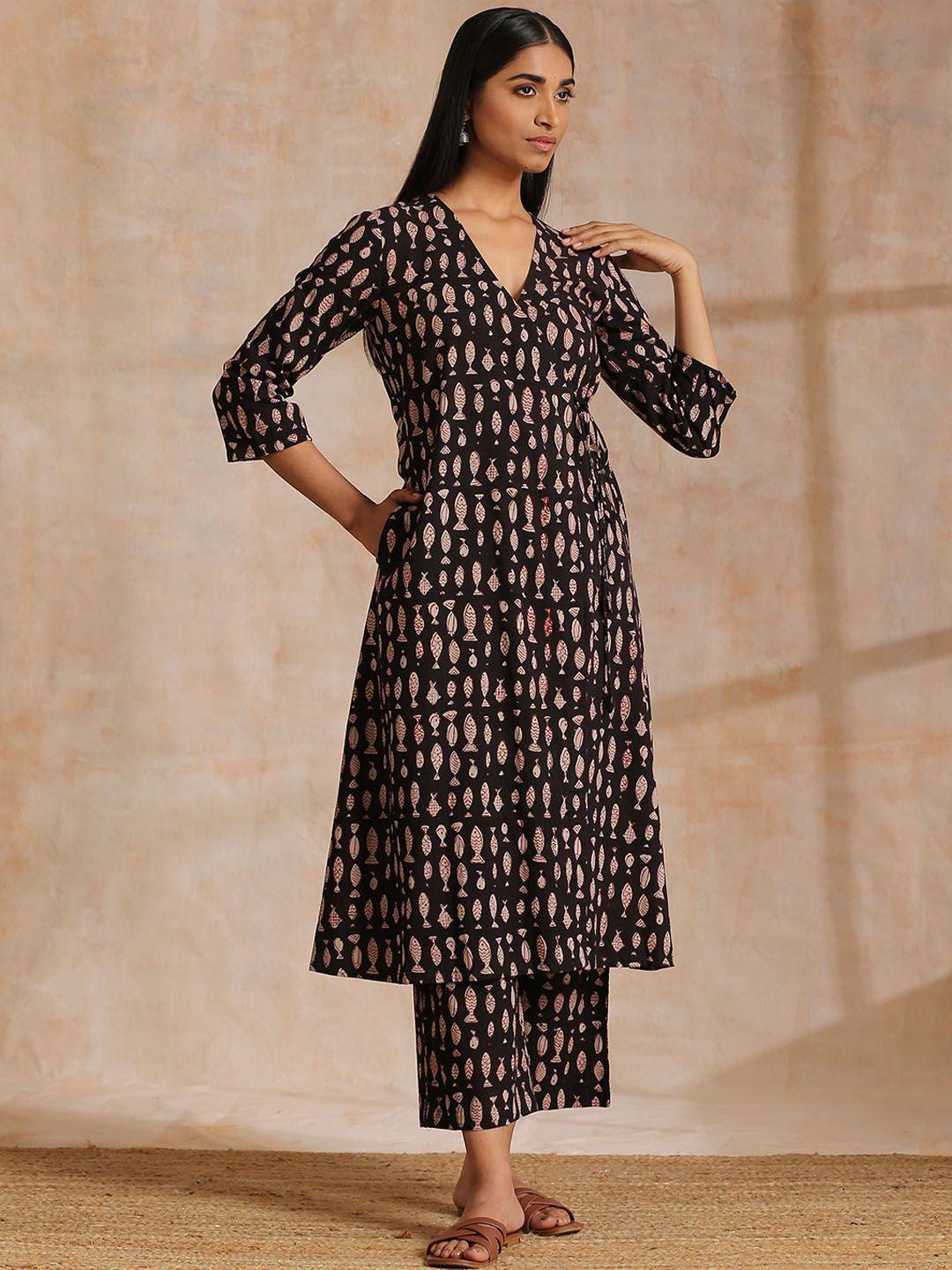 truebrowns ethnic motif printed v neck angrakha pure cotton kurta with palazzos