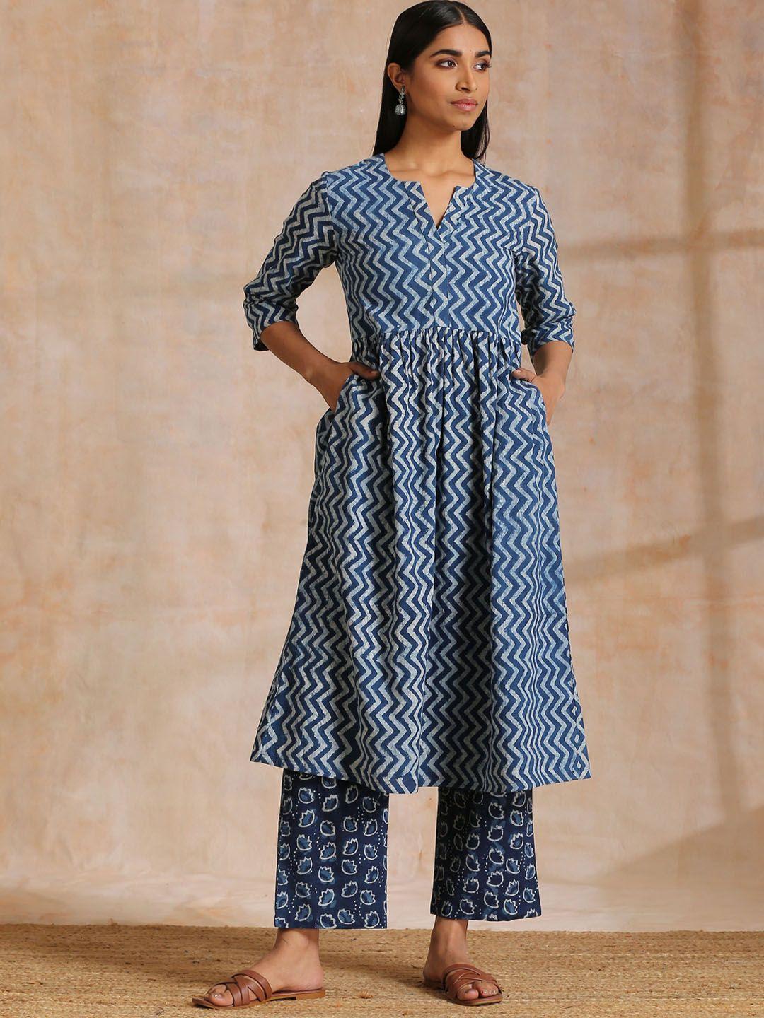 truebrowns notched chevron printed pure cotton anarkali kurta with palazzos