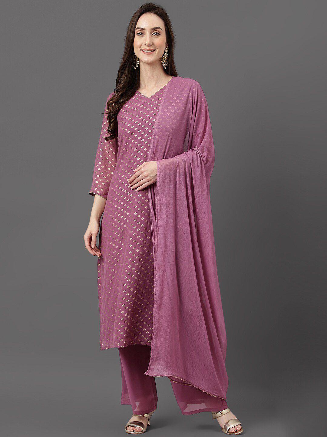 janasya ethnic motifs foil printed v-neck kurta with palazzos & dupatta