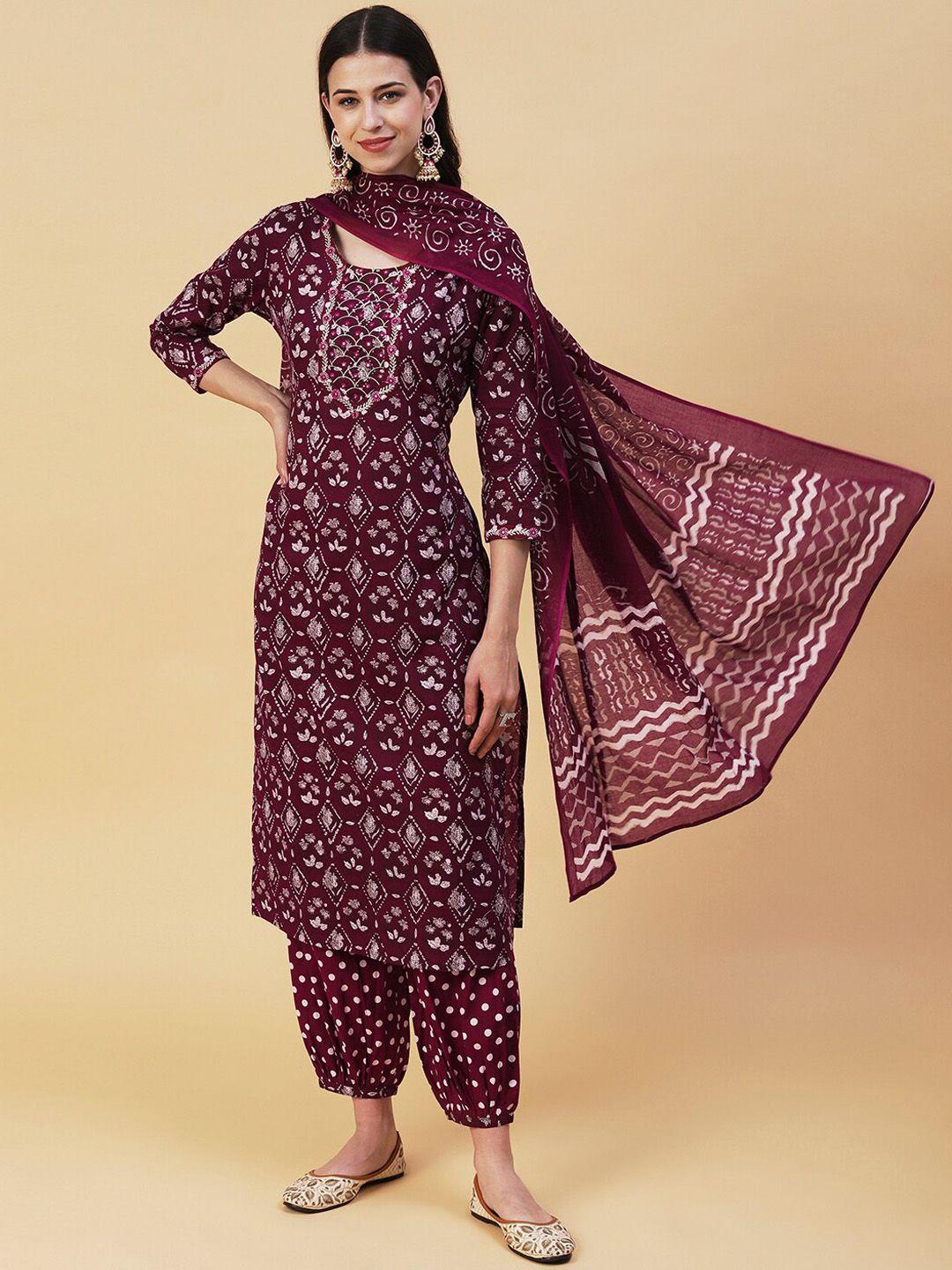 fashor floral printed mirror work pure cotton kurta with salwar & dupatta