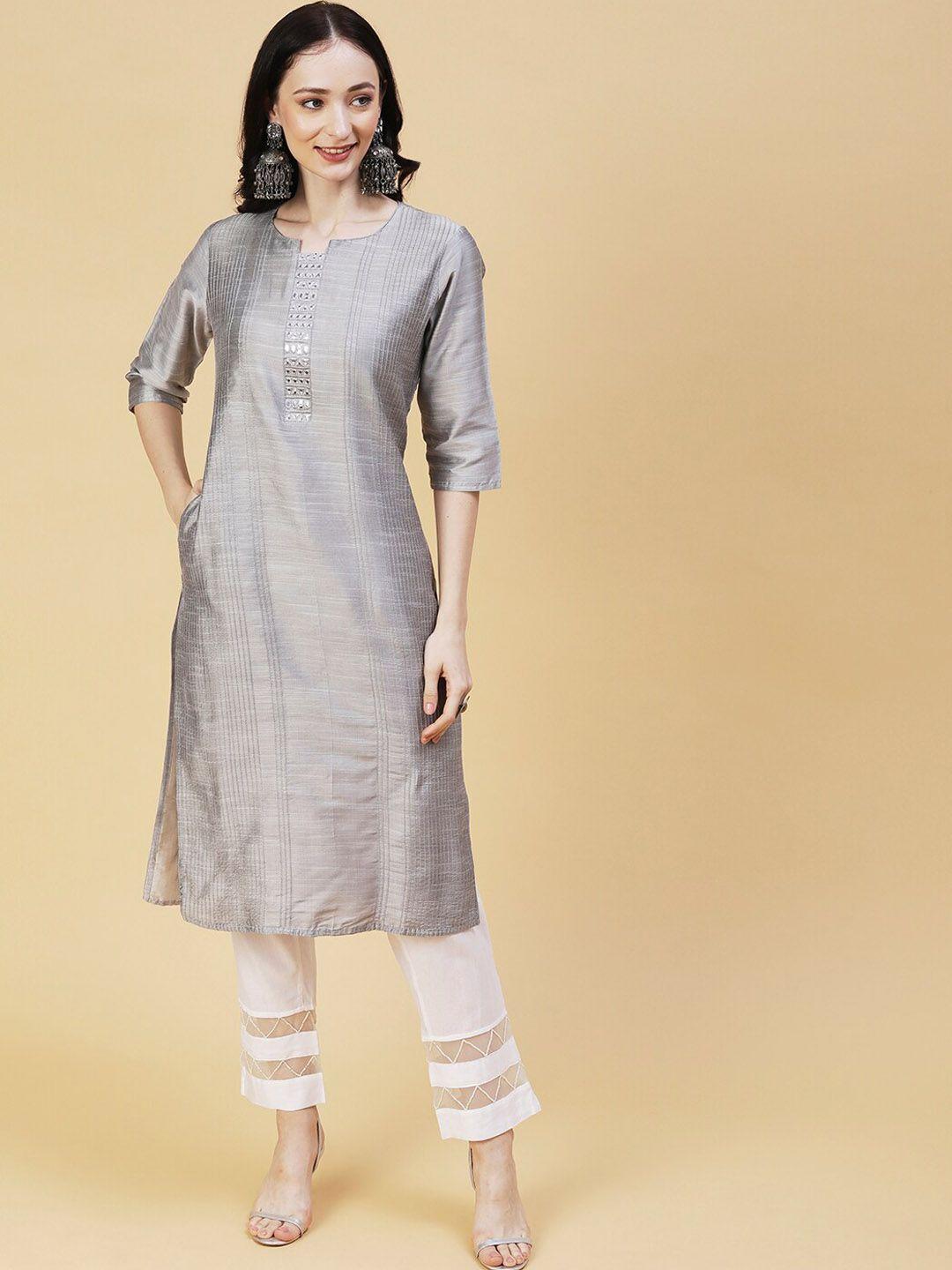 fashor striped mirror work dupion silk kurta