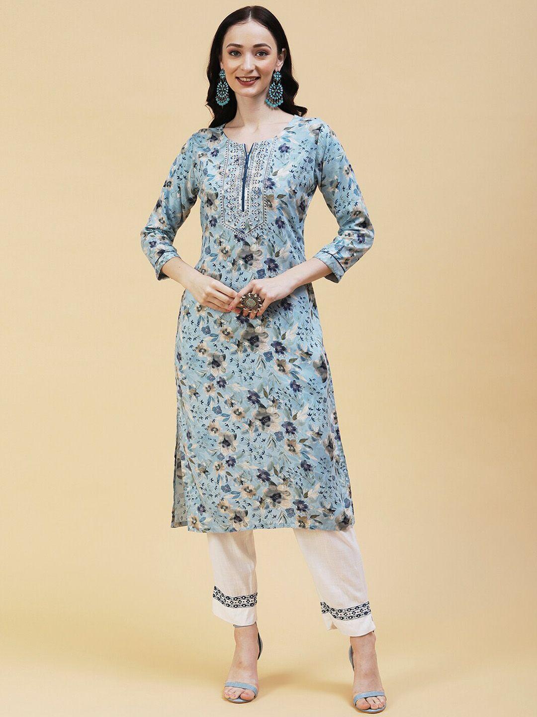 fashor floral printed thread work pure cotton kurta