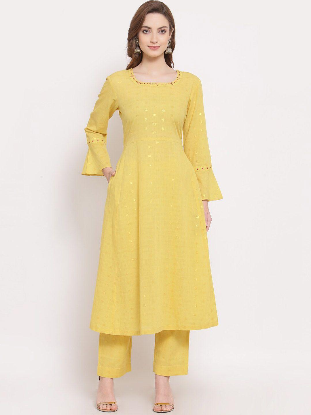 dart studio woven design bell sleeves thread work pure cotton kurta with trousers