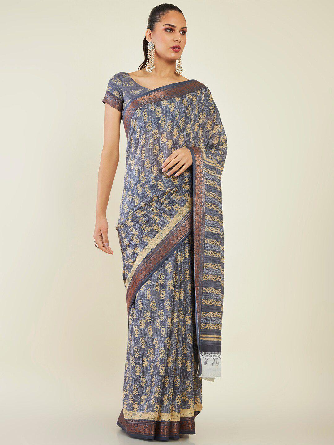 soch batik printed zari pure cotton saree