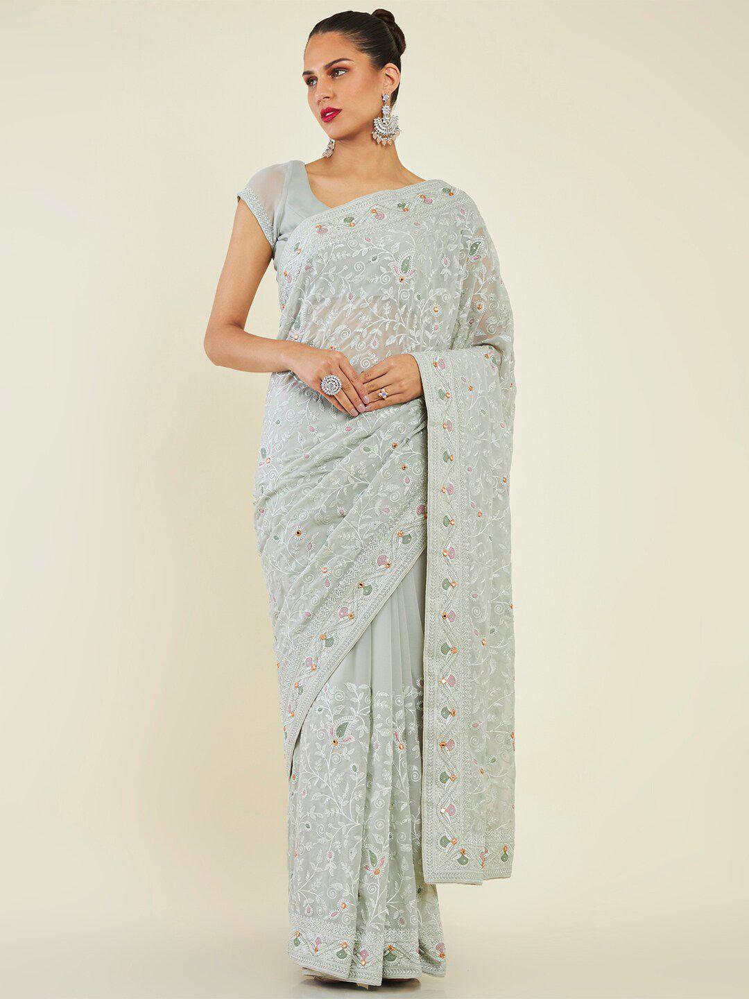 soch floral embroidered pure georgette saree