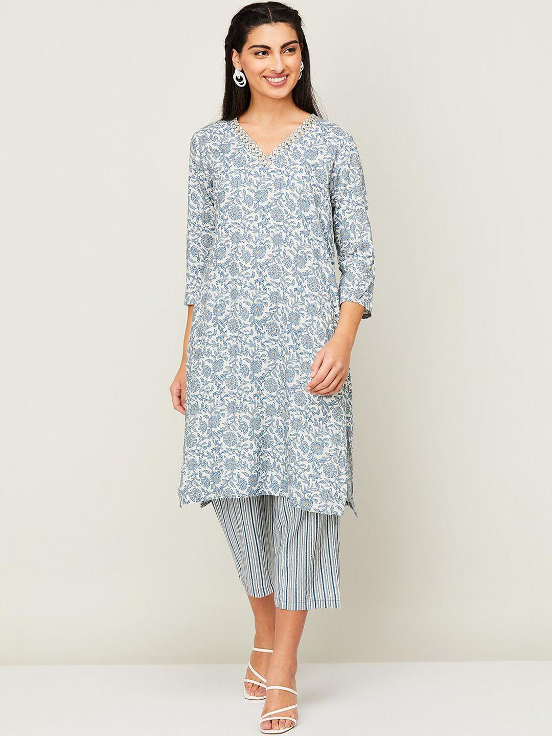 melange by lifestyle v-neck floral printed kurta with palazzos