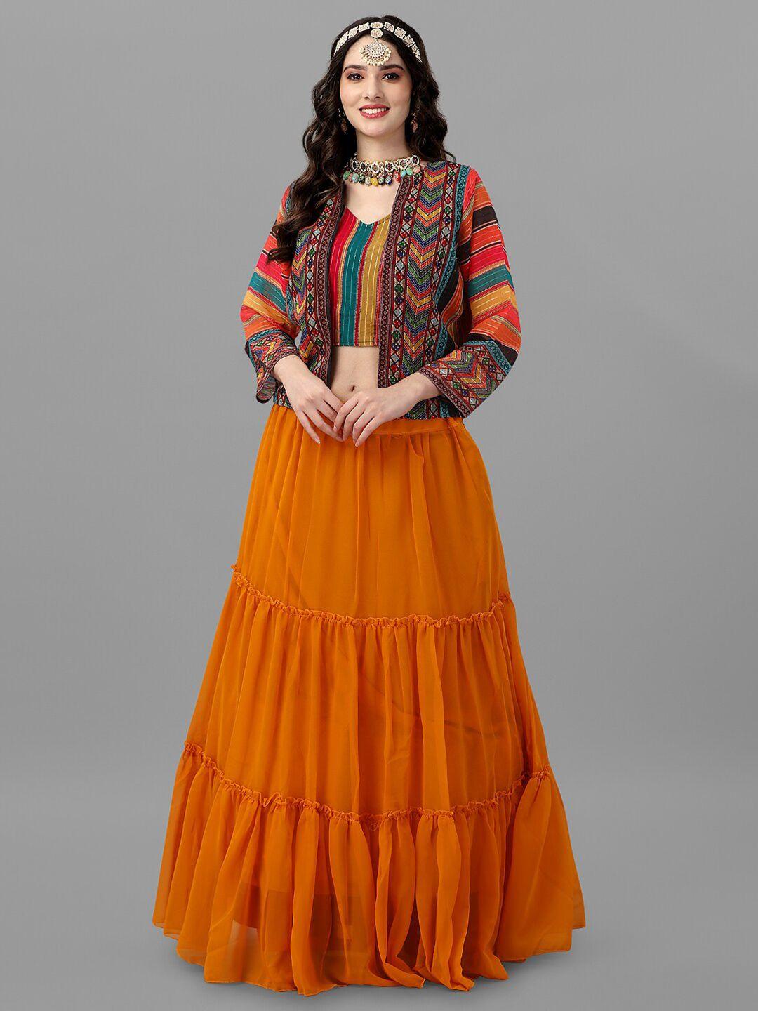 angroop printed semi-stitched lehenga & unstitched blouse with shrug