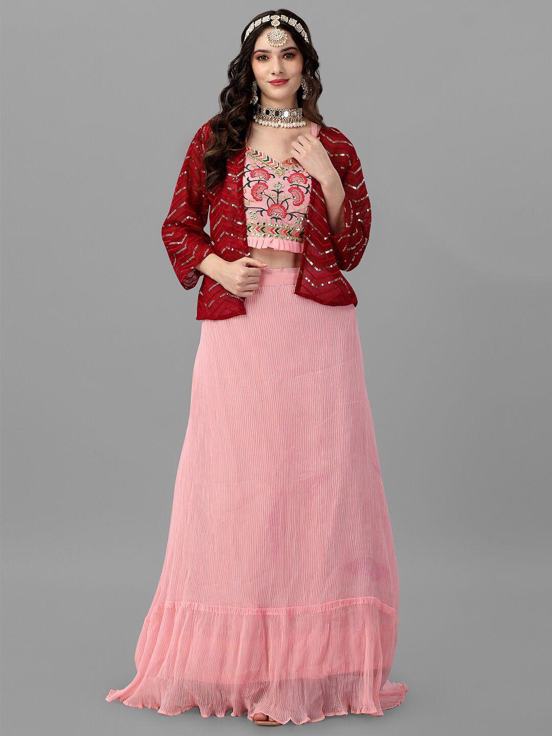 angroop embroidered thread work semi-stitched lehenga & unstitched blouse with shrug