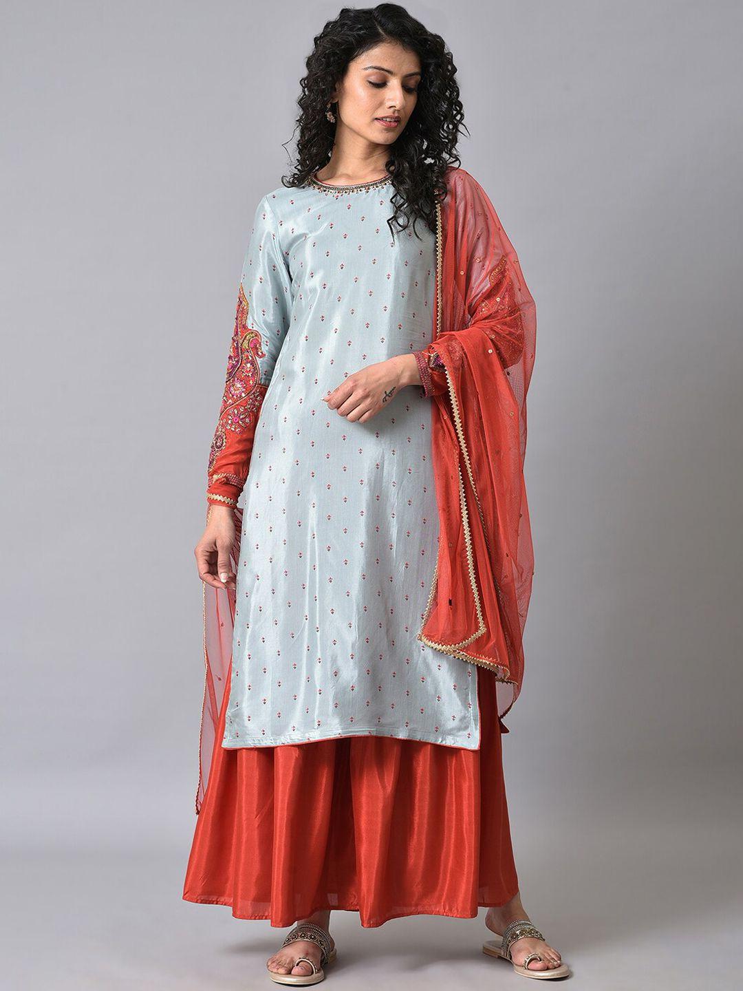 wishful floral printed thread work kurta with sharara & dupatta