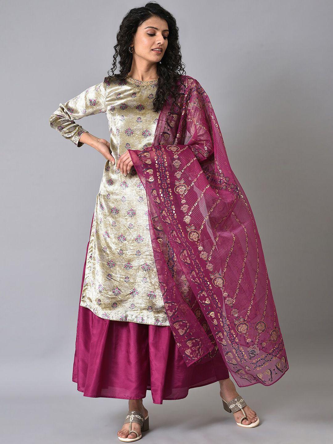 wishful floral printed sequinned velvet kurta with sharara & dupatta